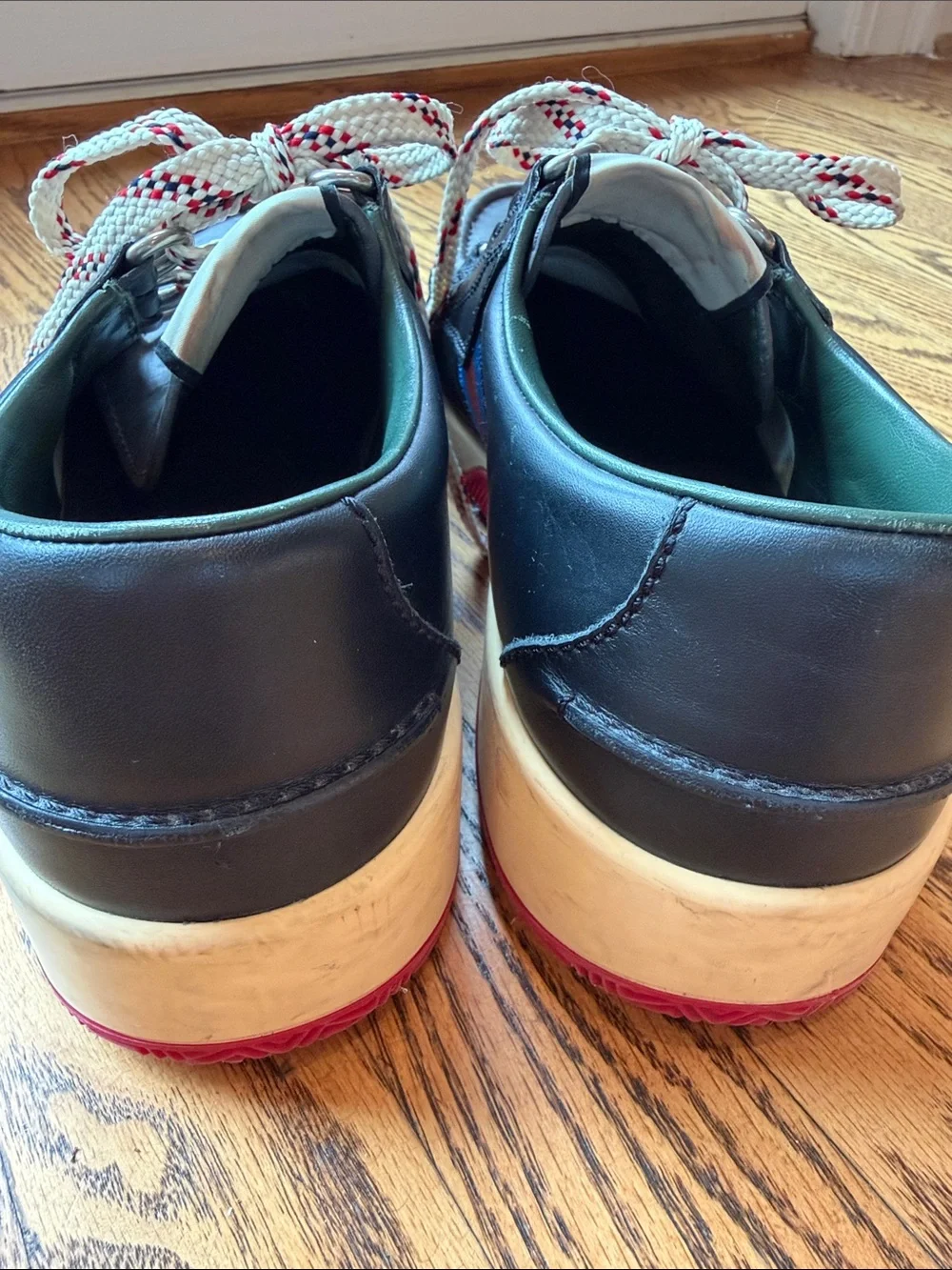 Gucci Men’s Black and Charcoal Leather Boat Shoes with Blue & Red Stripe
